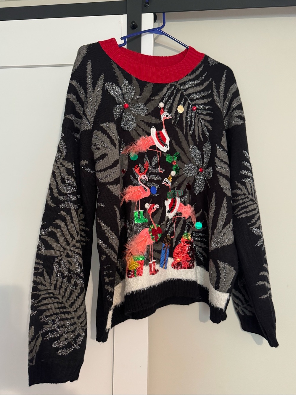 32 Degrees Black Sweater with Red Neckline & Pink Flamingo Embellishments